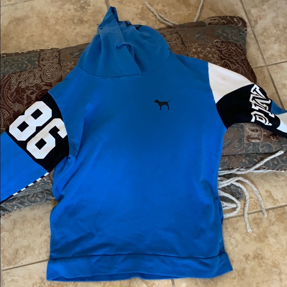 blue , black and white hoodie